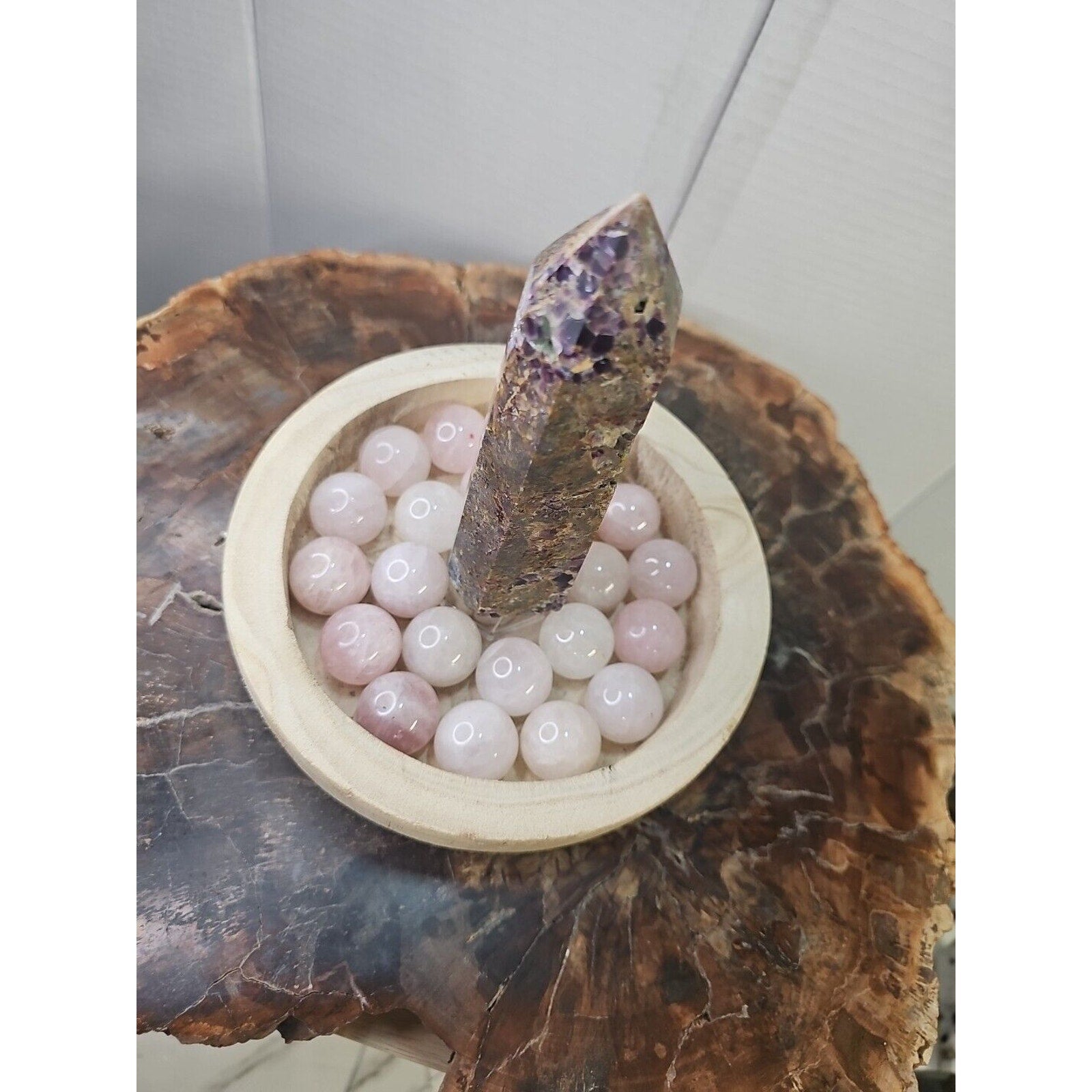 1.90LB 1Pcs Natural Purple Tower & 22 Rose Quartz Crystal Spheres W/wood Bowl