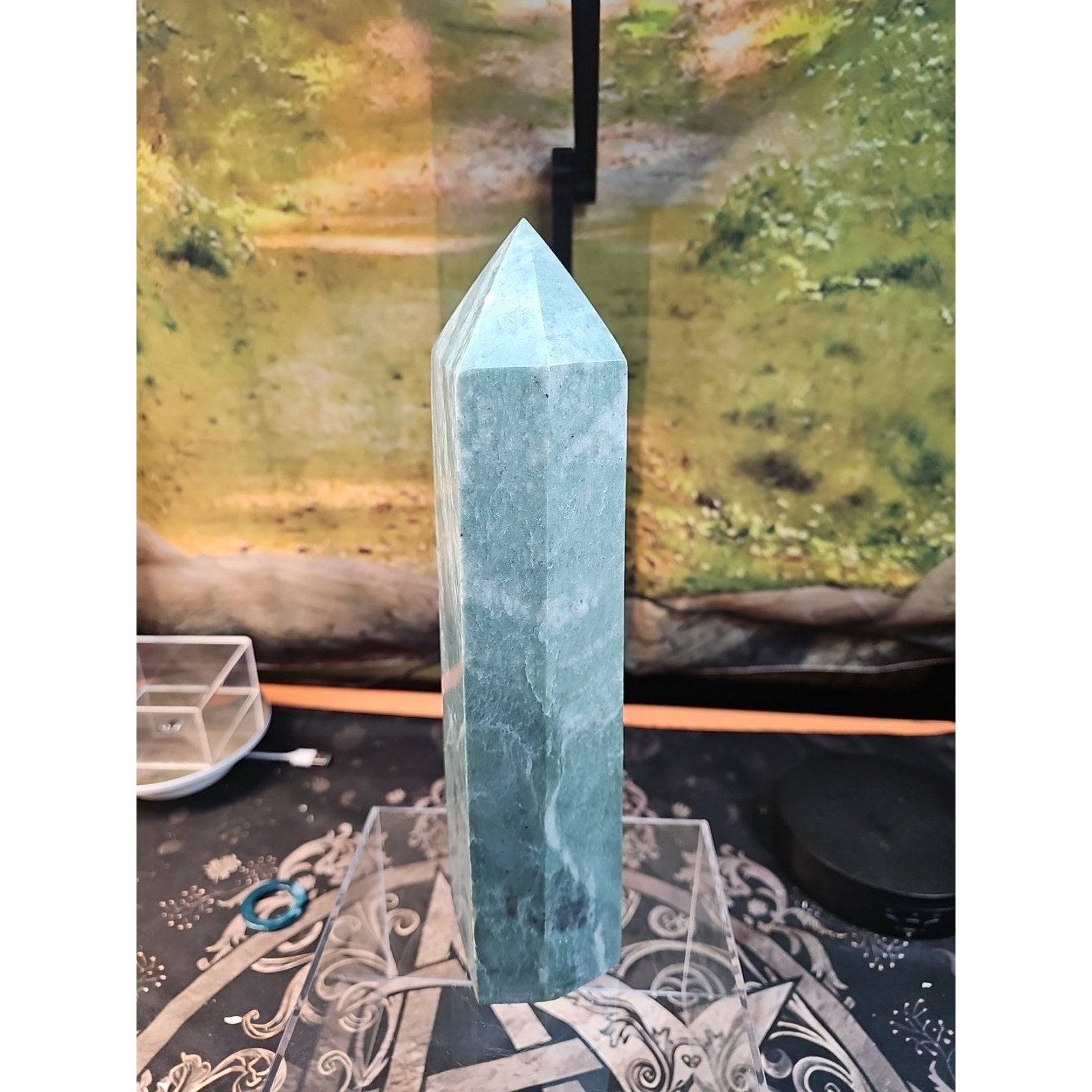 5.04lbs 11.5in Tall Green Jasper Crystal Point Tower Healing