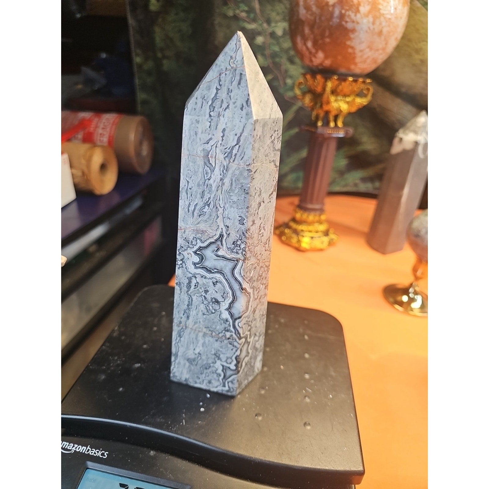 3.81LB 1Pcs Natural Gray Crazy Lace Jasper Crystal Point Tower Healing