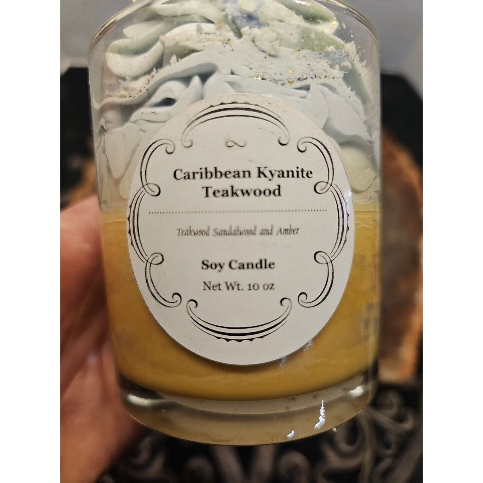 Kyanite Teakwood Candle 10oz Soy W/ Real Stones