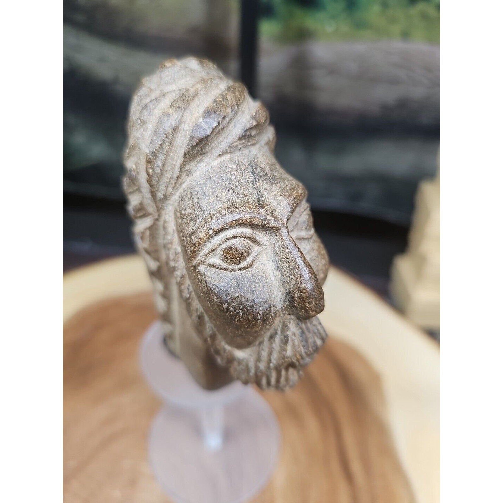Vintage ABSTRACT STONE HEAD Sculpture Stone 1 lb W/Stand