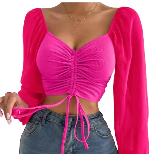 Load image into Gallery viewer, V-Neck Drawstring Crop Top with Balloon Sleeves – Stylish Streetwear
