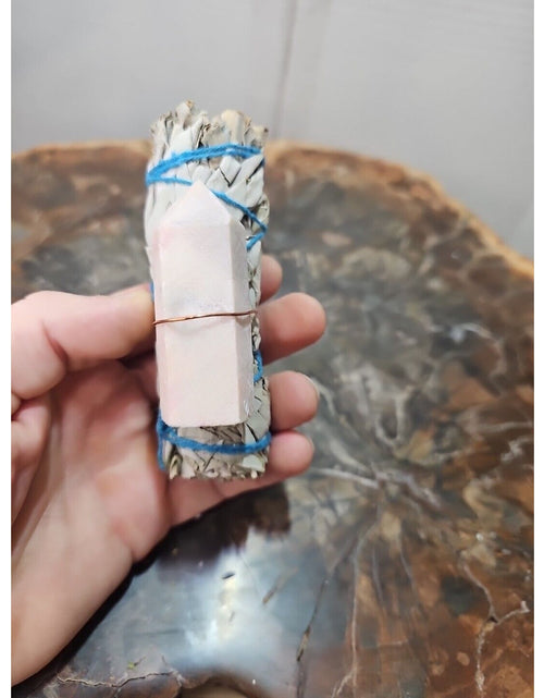 Load image into Gallery viewer, Sage wrapped crystal W/ Pink Opal Quartz Healing Tower
