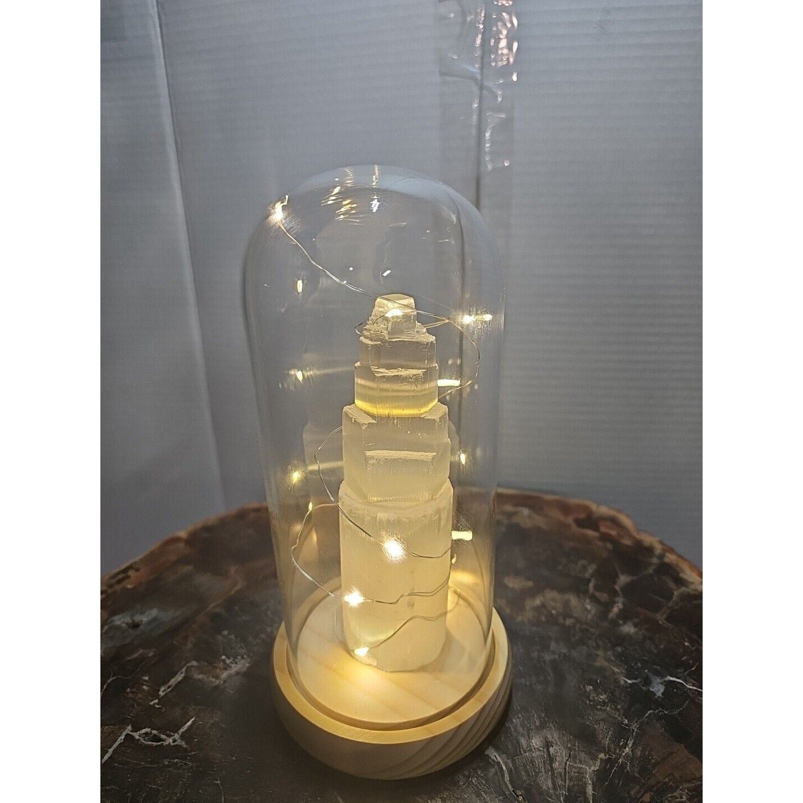 6in 429g Selenite Tower In Case W/led Lights