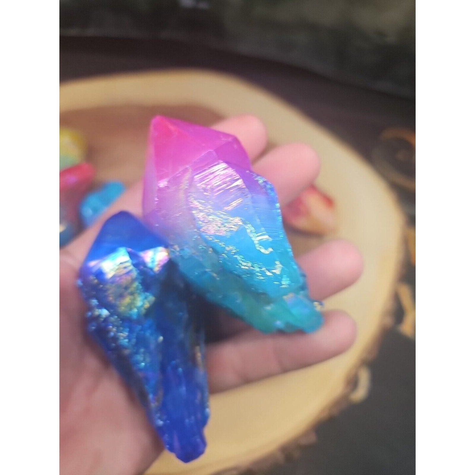 1.75LB 7Pcs Rainbow Aqua Aura Quartz Crystal Cluster Points Titanium Coating