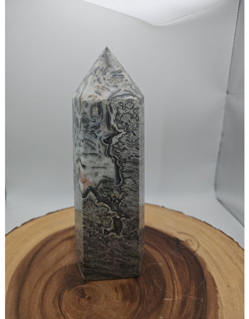 Load image into Gallery viewer, 3.69LB 1Pcs Natural Gray Crazy Lace Jasper Crystal Point Tower Healing

