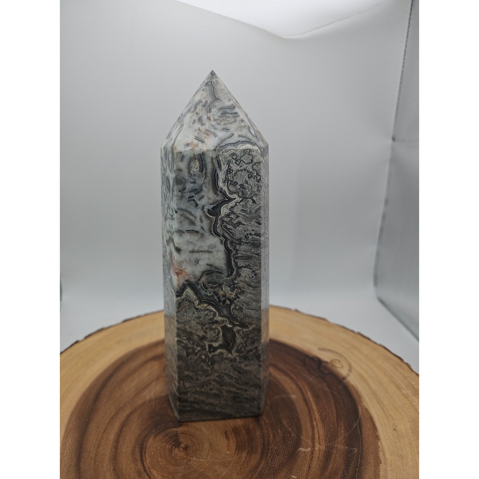 3.69LB 1Pcs Natural Gray Crazy Lace Jasper Crystal Point Tower Healing