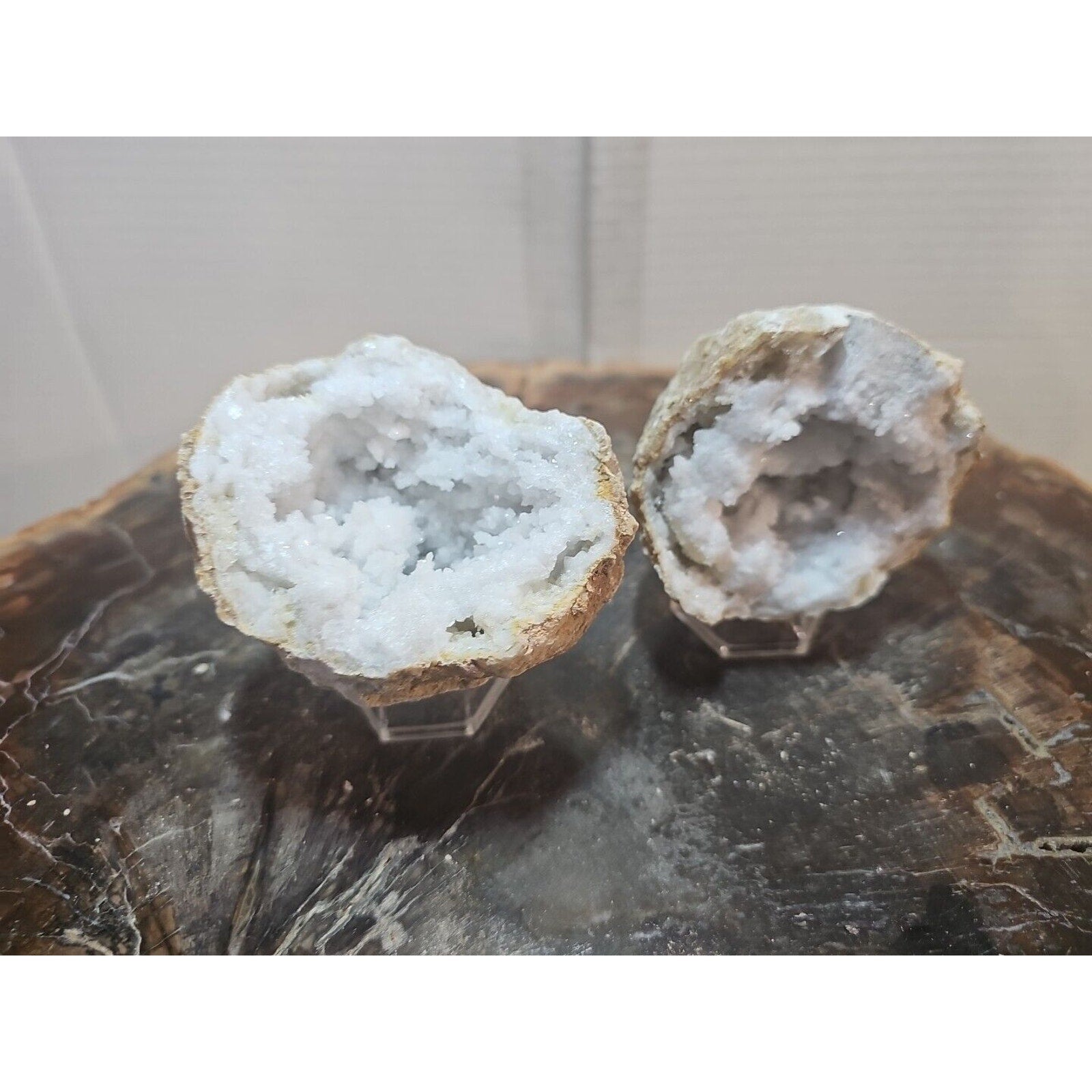 1.18lbs Pair Geode Crystal Moroccan Quartz W /Stands