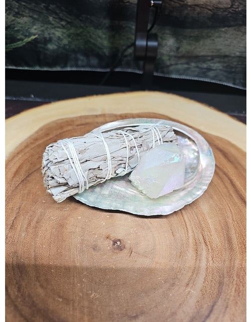 Load image into Gallery viewer, Large Abalone Shell 5-6&quot;: Smudging Sage Sticks Display Sea Shell W/Quartz Point
