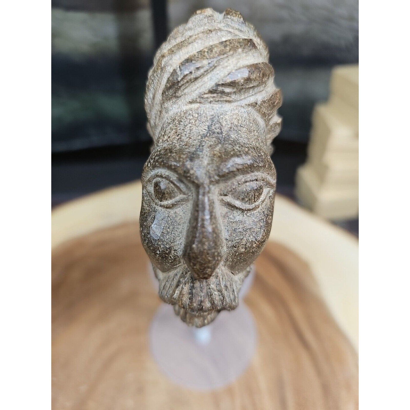 Vintage ABSTRACT STONE HEAD Sculpture Stone 1 lb W/Stand