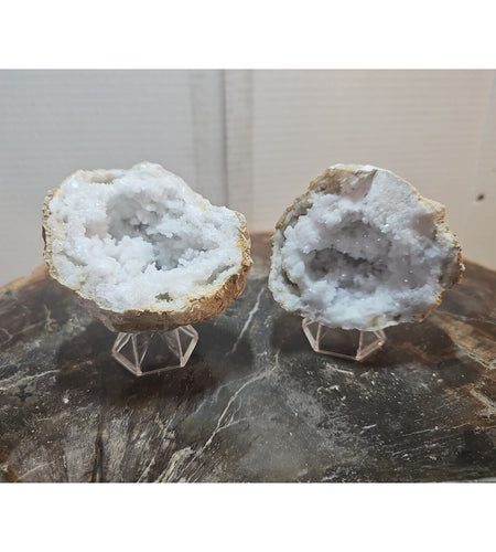 1.18lbs Pair Geode Crystal Moroccan Quartz W /Stands