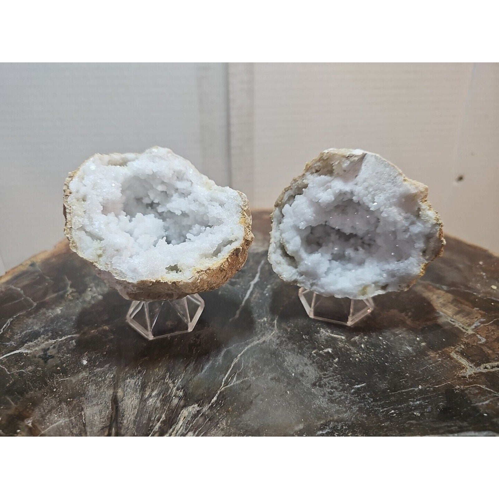 1.18lbs Pair Geode Crystal Moroccan Quartz W /Stands