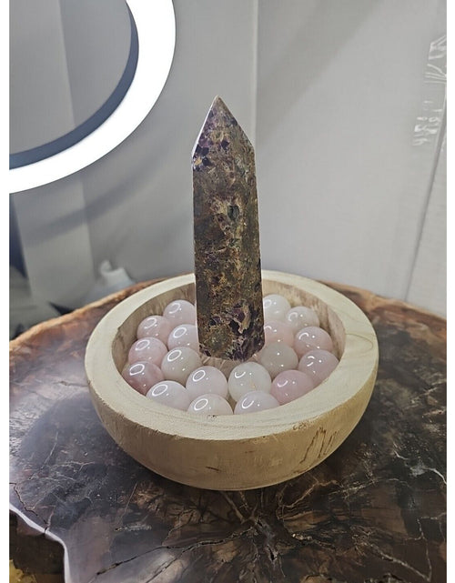 Load image into Gallery viewer, 1.90LB 1Pcs Natural Purple Tower &amp; 22 Rose Quartz Crystal Spheres W/wood Bowl
