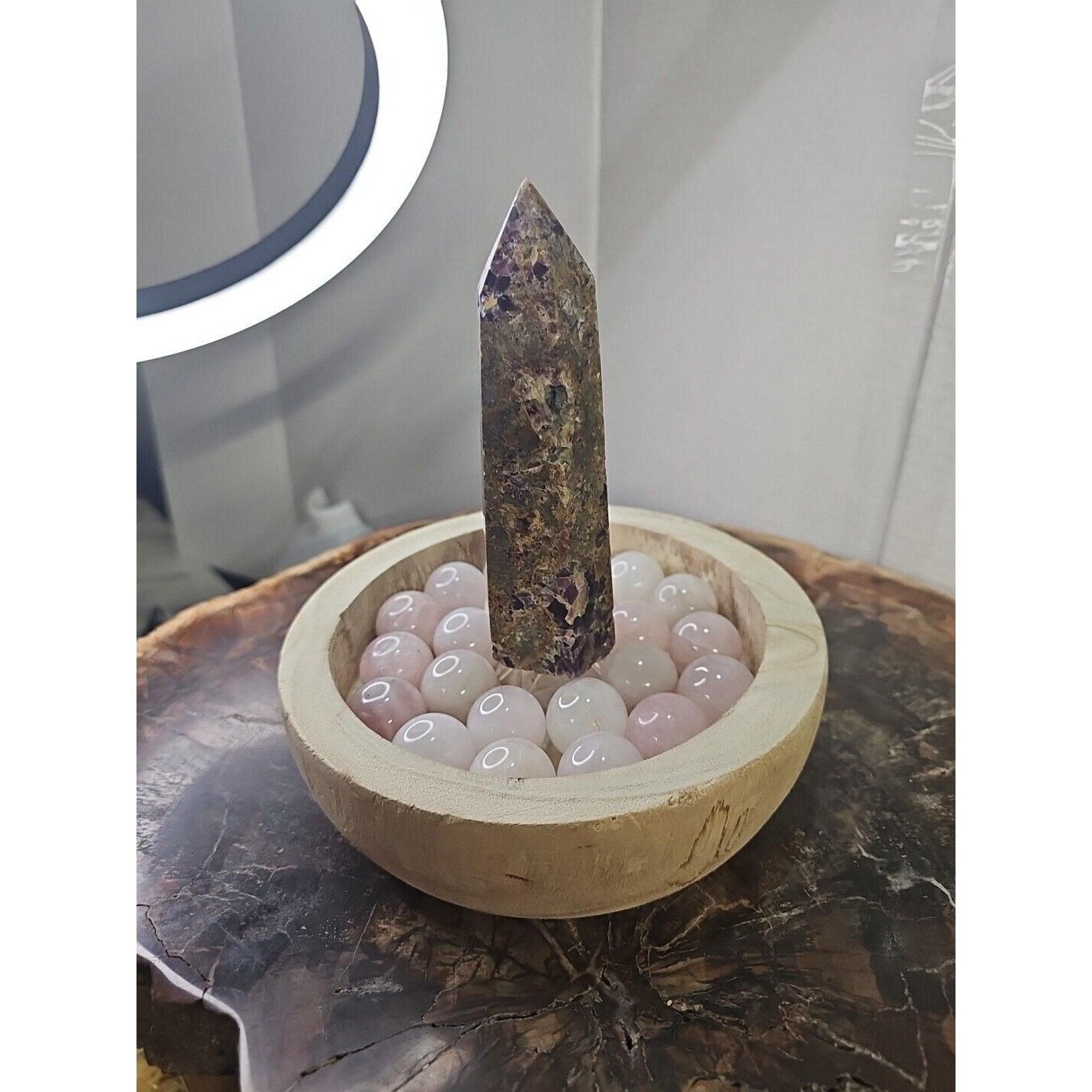 1.90LB 1Pcs Natural Purple Tower & 22 Rose Quartz Crystal Spheres W/wood Bowl