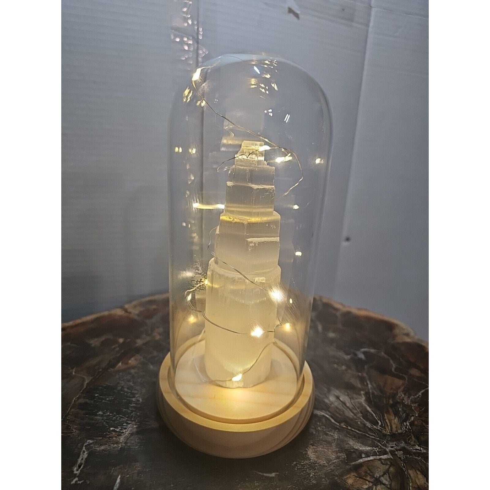 6in 429g Selenite Tower In Case W/led Lights