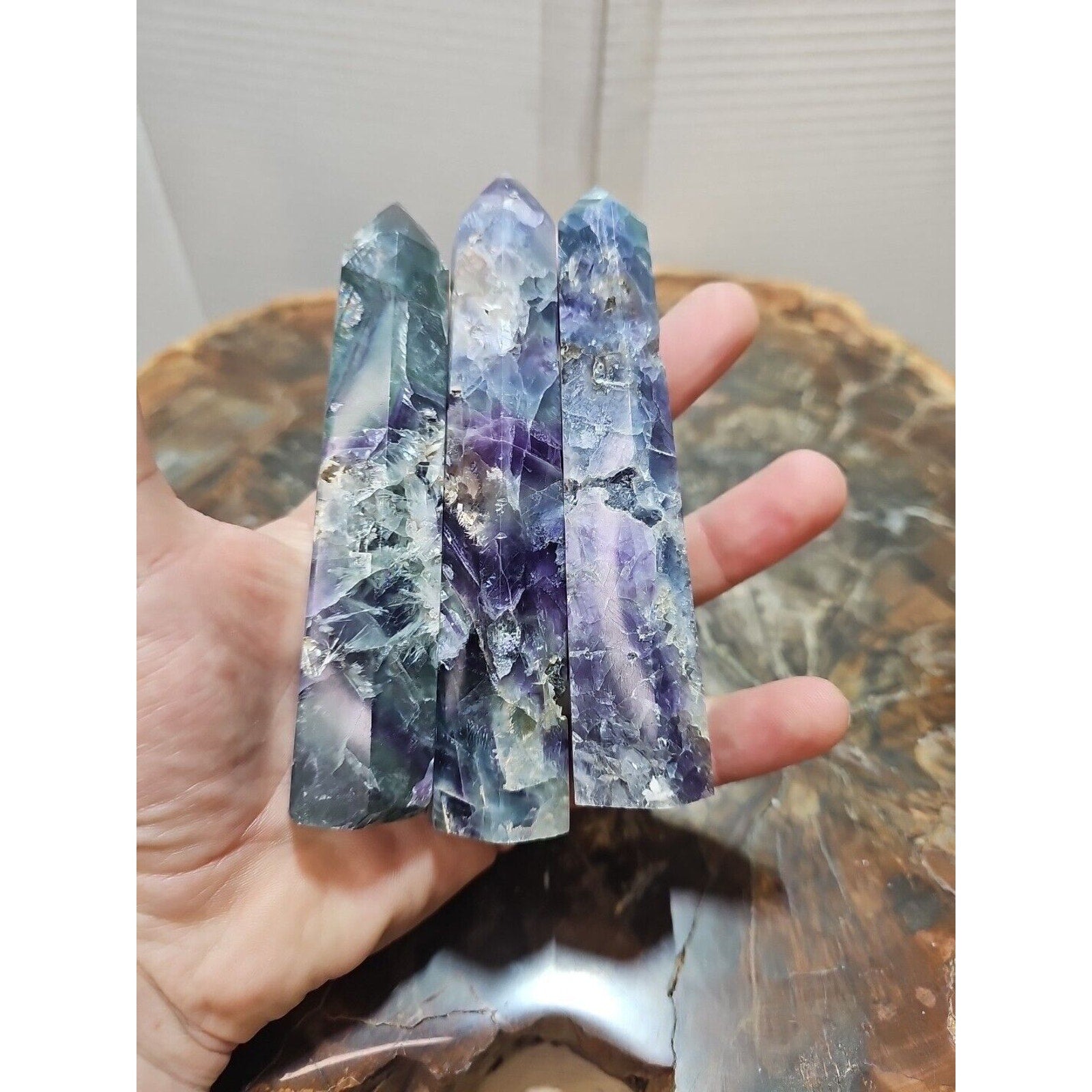 440g 3pcs Natural Rainbow Fluorite Quartz Crystal Point Tower Polished Healing