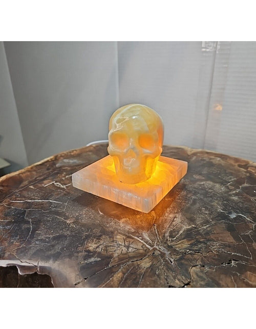 Load image into Gallery viewer, 2.17LB 2Pcs Natural Translucent Calcite Crystal Skull W/satin Spar Base &amp; Led
