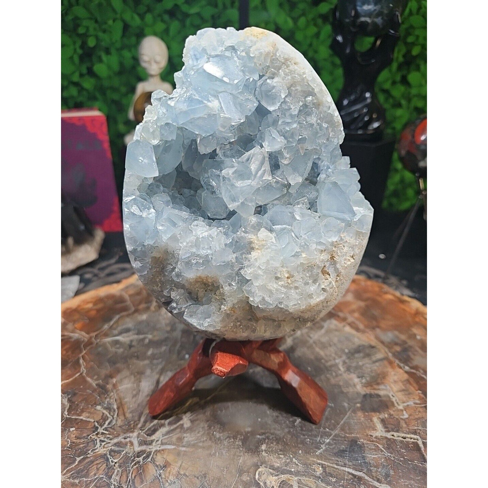 10.45LB Natural Beautiful Blue Celestite Crystal Geode W/ Stand