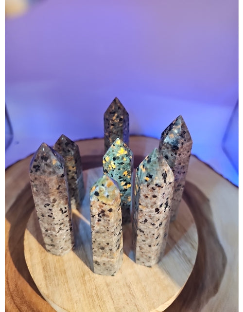 Load image into Gallery viewer, Yooperlite stone Tower UV Reactive 4in Tall Avg 98grams Avg 1 Each
