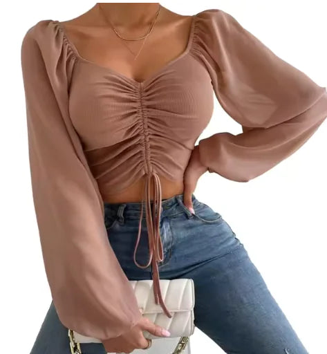 Load image into Gallery viewer, V-Neck Drawstring Crop Top with Balloon Sleeves – Stylish Streetwear
