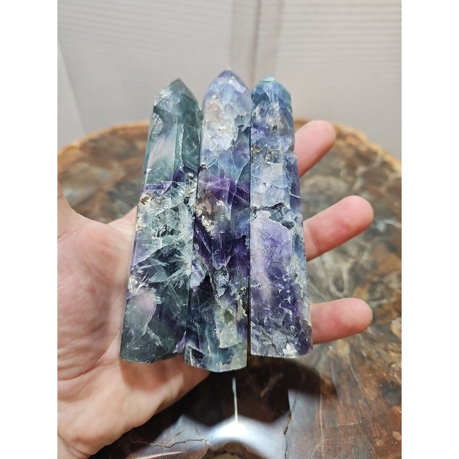 440g 3pcs Natural Rainbow Fluorite Quartz Crystal Point Tower Polished Healing