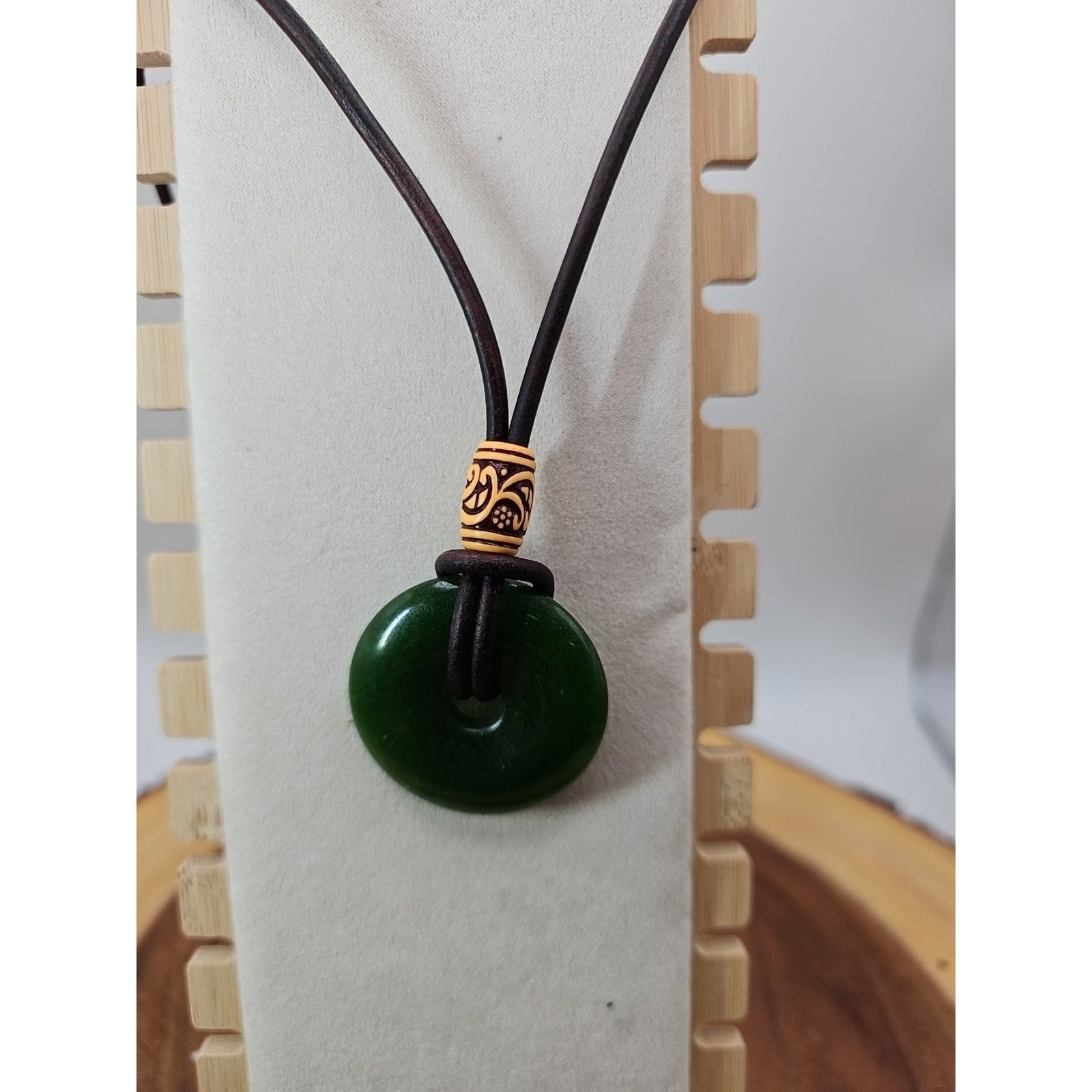 Green jade good luck pendant 16in Leather Cord