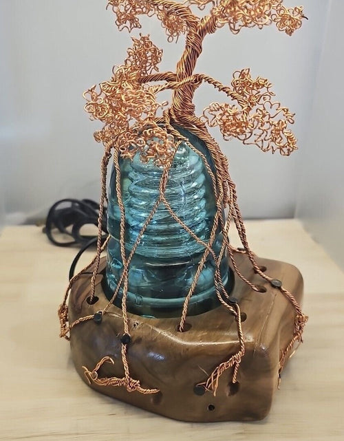 Load image into Gallery viewer, Copper Wire Bonsai Tree On Lighted Glass Insulator And Wood Base 10&quot; Handcrafted
