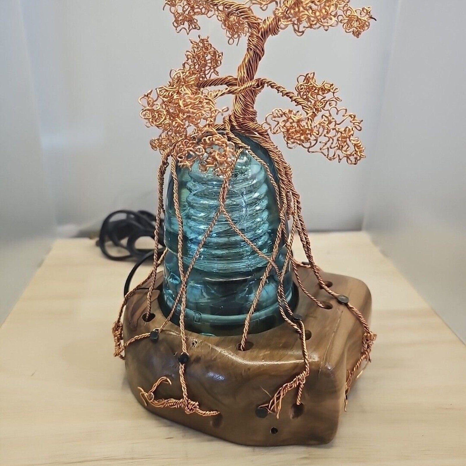 Copper Wire Bonsai Tree On Lighted Glass Insulator And Wood Base 10" Handcrafted
