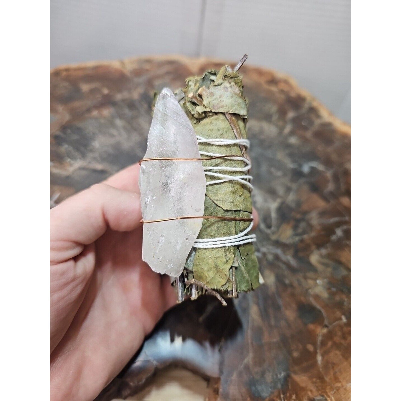 Bay Leaf wrapped crystal W/ Huge White Quartz Healing