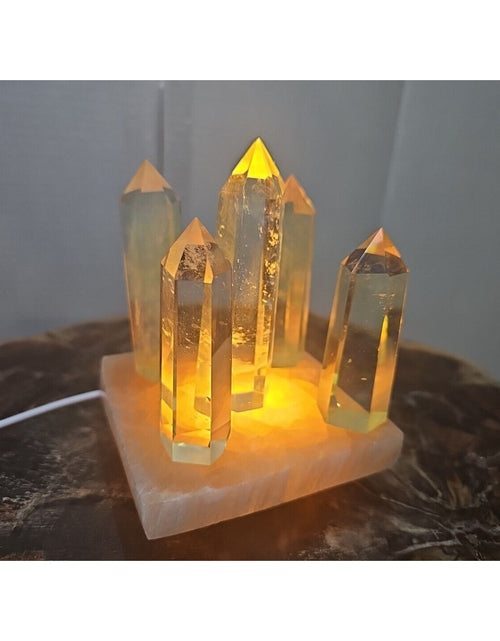 Load image into Gallery viewer, 1.34LB 5Pcs Yellow Smelt Quartz Crystal Point W/Selenite Charging Base &amp; Led
