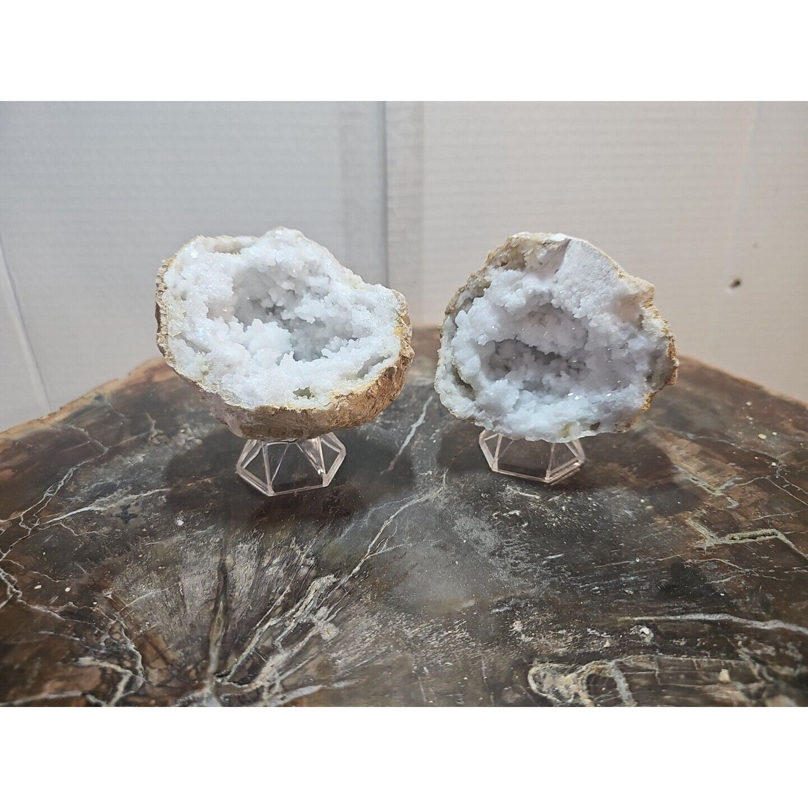 1.18lbs Pair Geode Crystal Moroccan Quartz W /Stands