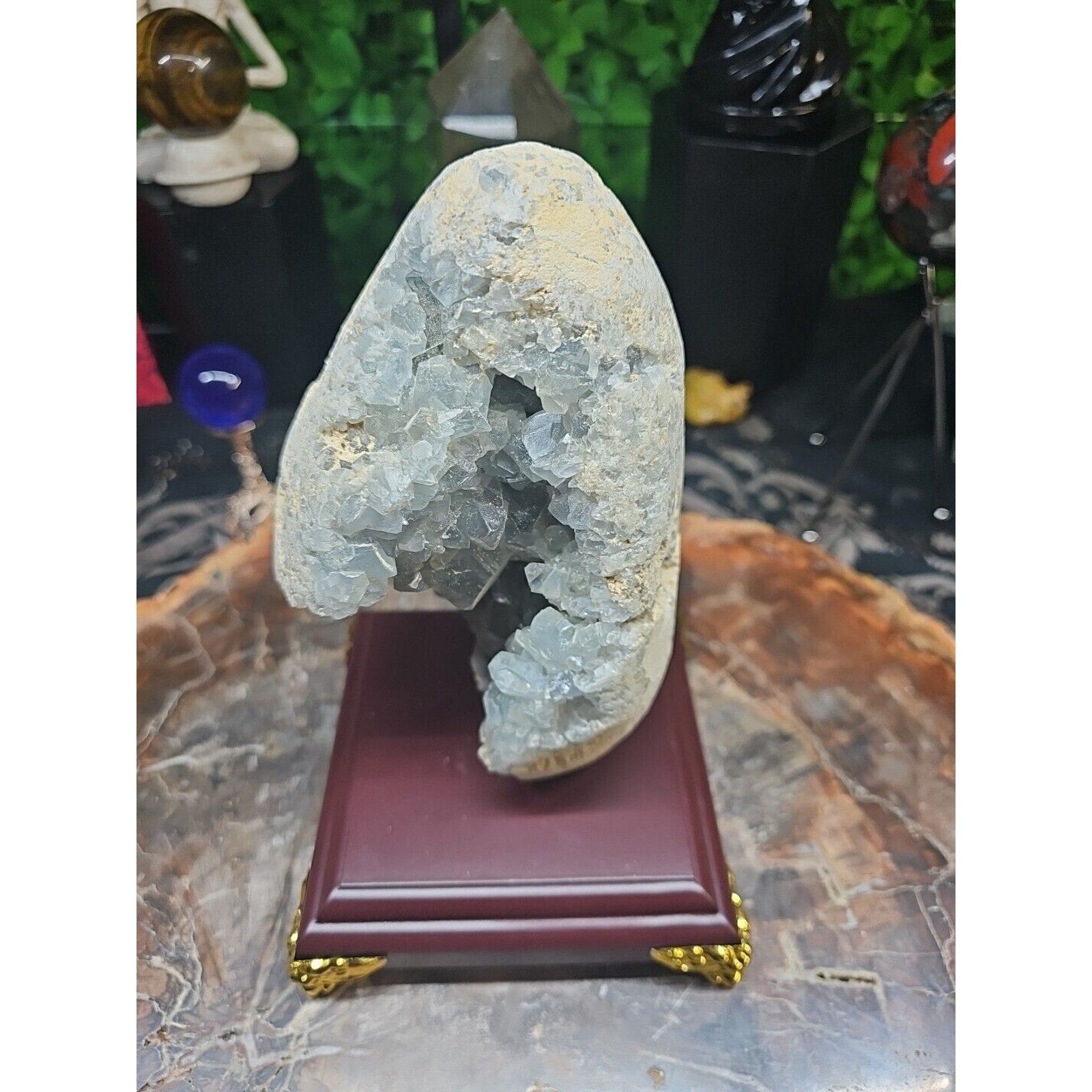 4.02LB Natural Beautiful Blue Celestite Crystal Geode W/ Stand