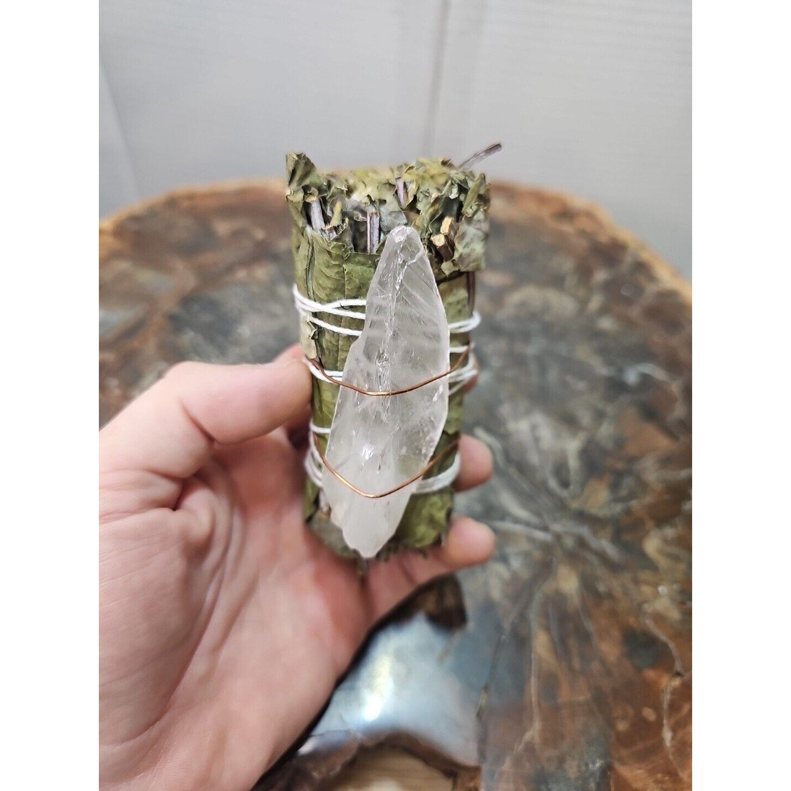 Bay Leaf wrapped crystal W/ Huge White Quartz Healing