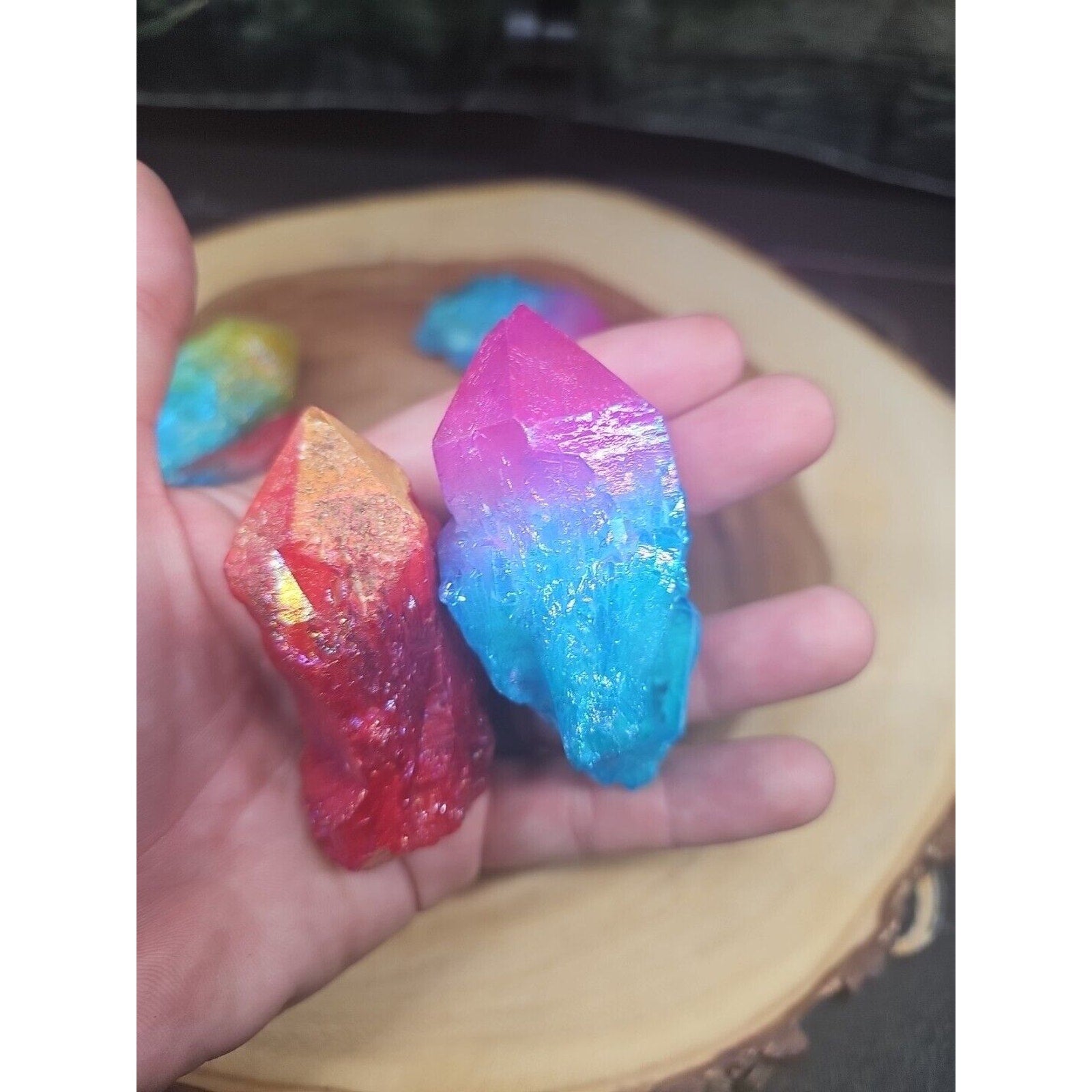 1.75LB 7Pcs Rainbow Aqua Aura Quartz Crystal Cluster Points Titanium Coating
