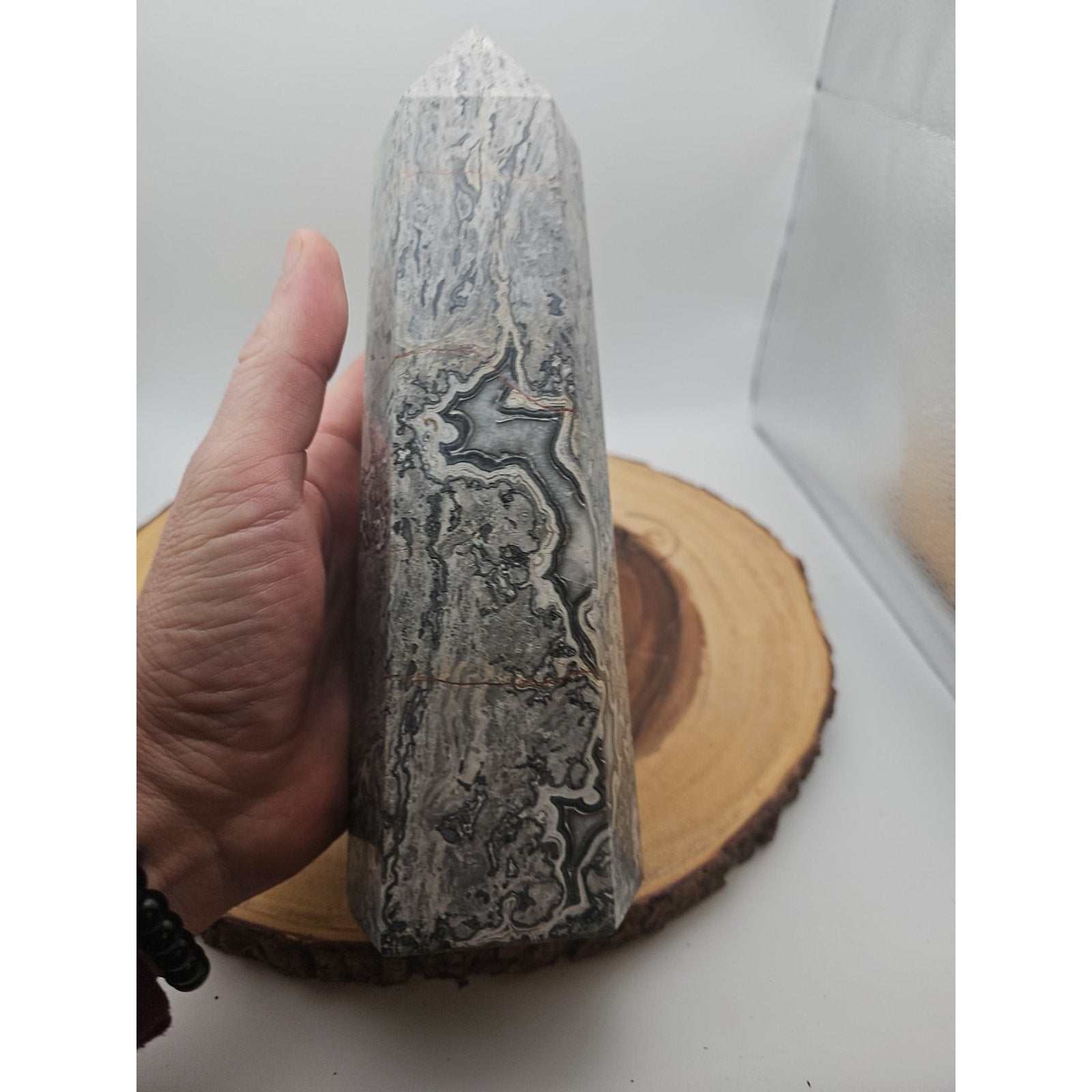 3.81LB 1Pcs Natural Gray Crazy Lace Jasper Crystal Point Tower Healing
