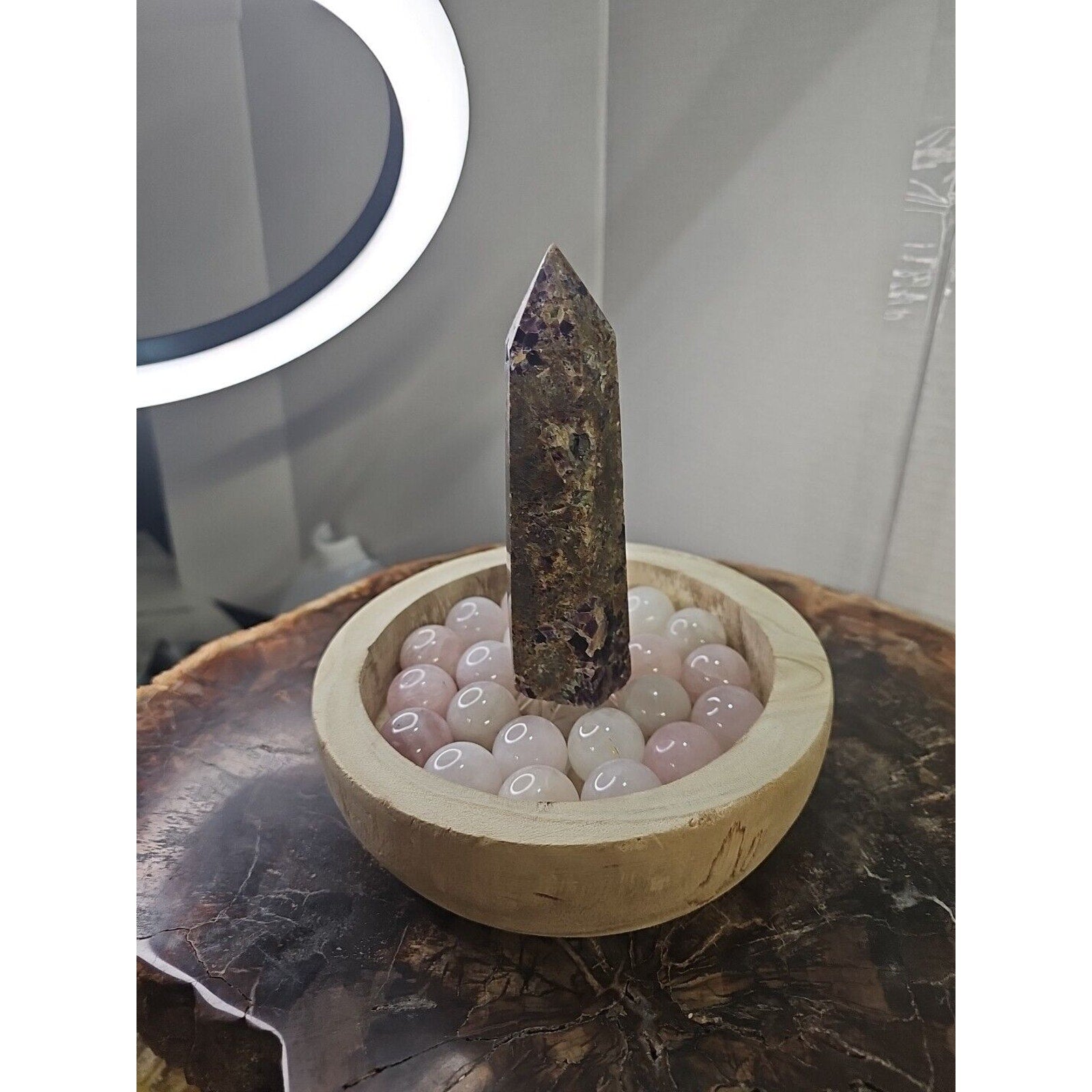 1.90LB 1Pcs Natural Purple Tower & 22 Rose Quartz Crystal Spheres W/wood Bowl