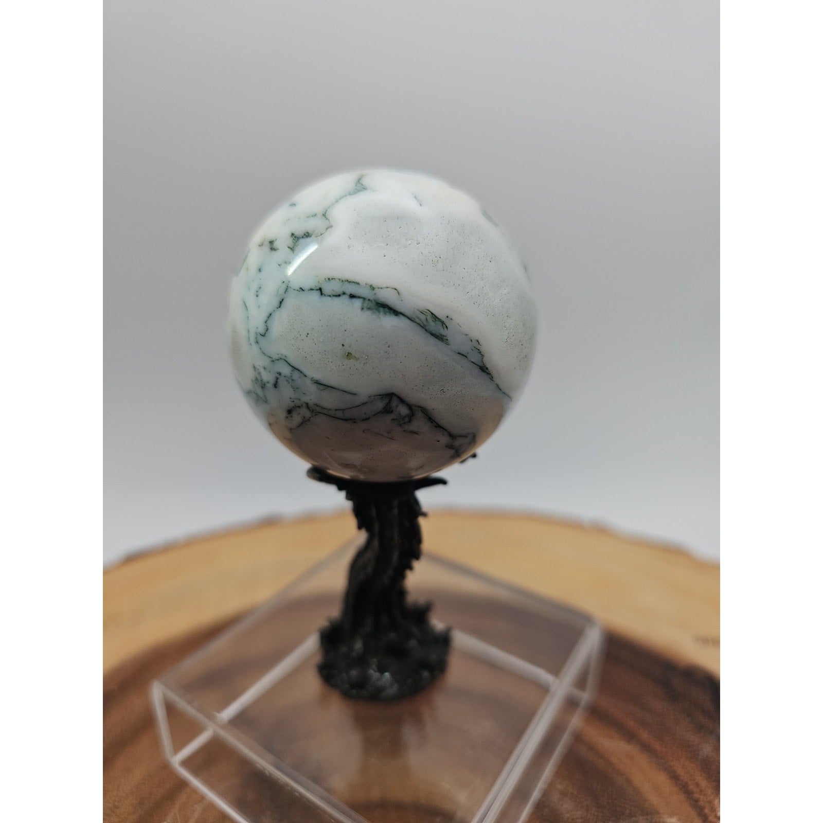 Tree Agate Sphere .45lb 53mm W/Dragon Stand