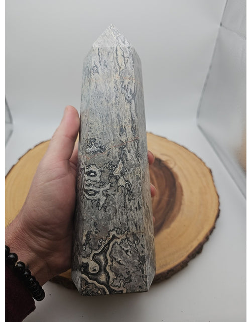 Load image into Gallery viewer, 3.81LB 1Pcs Natural Gray Crazy Lace Jasper Crystal Point Tower Healing
