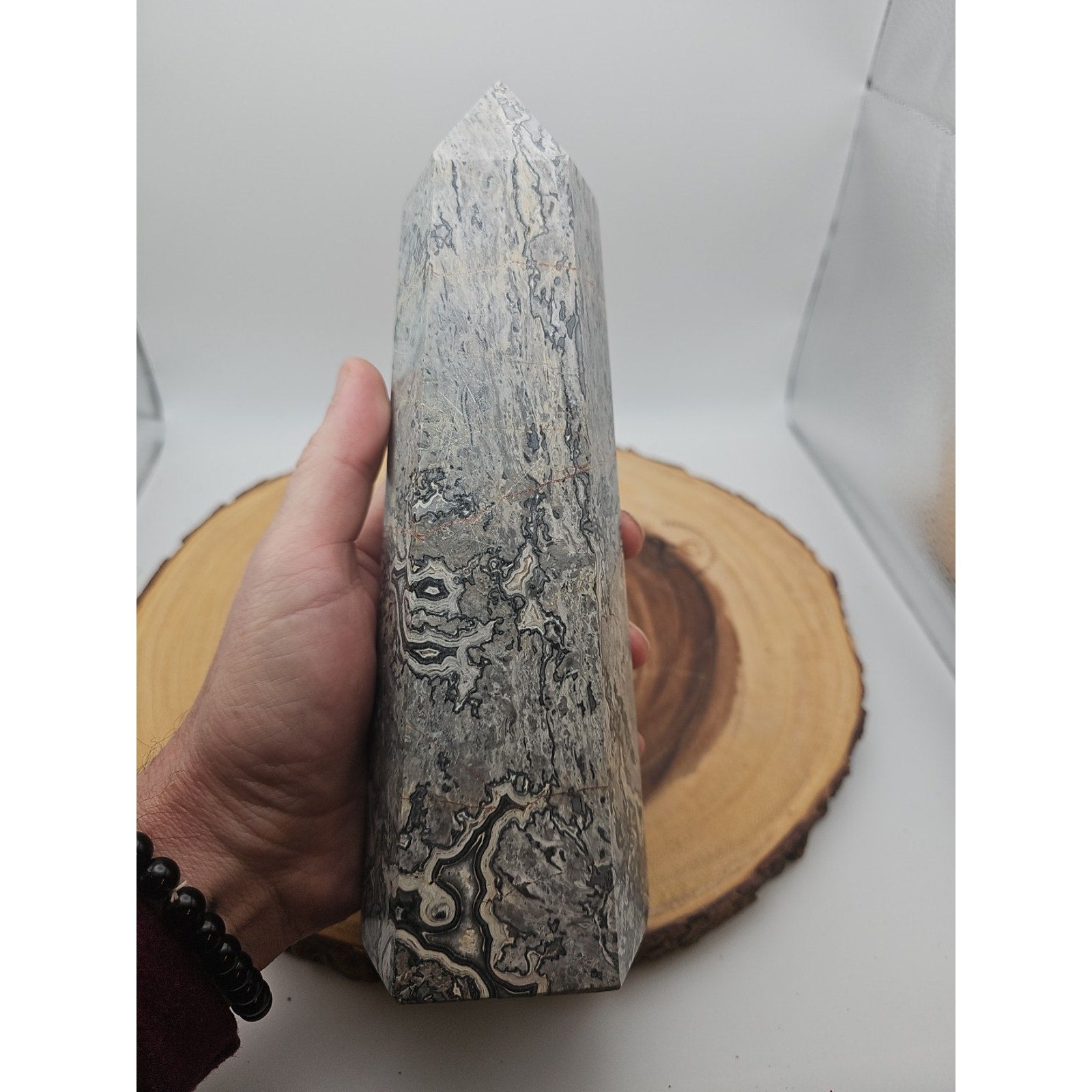 3.81LB 1Pcs Natural Gray Crazy Lace Jasper Crystal Point Tower Healing