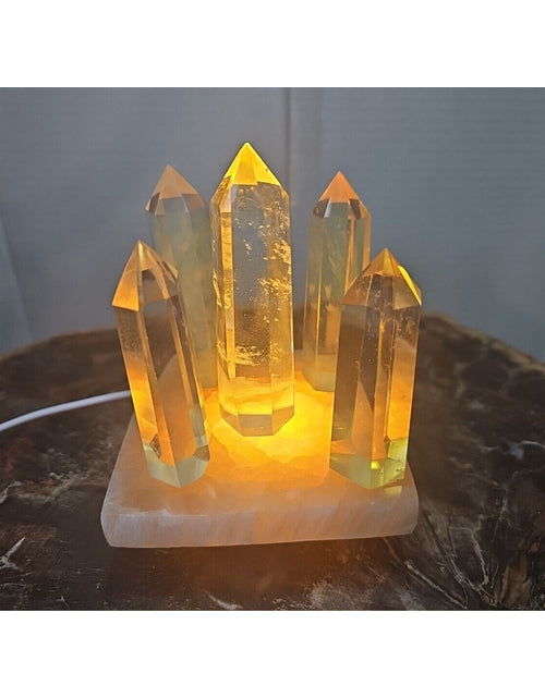 Load image into Gallery viewer, 1.34LB 5Pcs Yellow Smelt Quartz Crystal Point W/Selenite Charging Base &amp; Led
