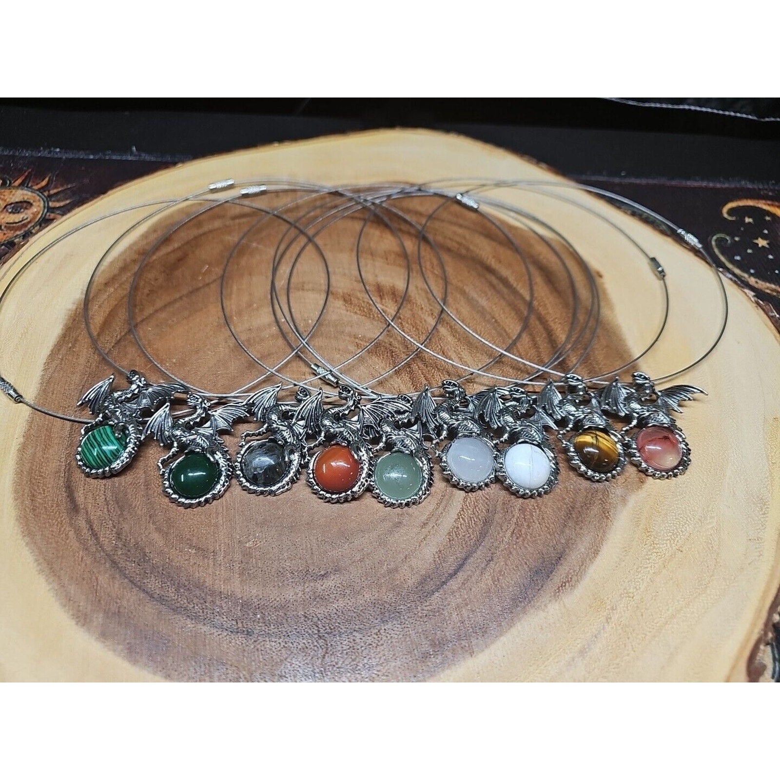 Natural stone 16in dragon pendant necklace, stainless steel 9pc Wholesale lot