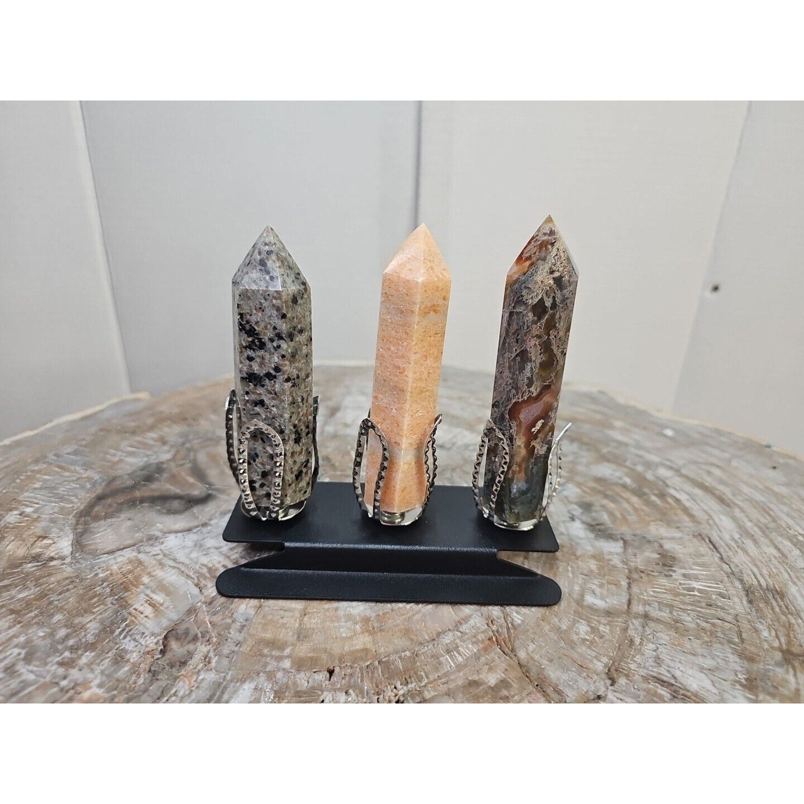 313g 3Pcs A Set Of Natural Quartz Crystal Jasper Point Tower Polished W/STAND