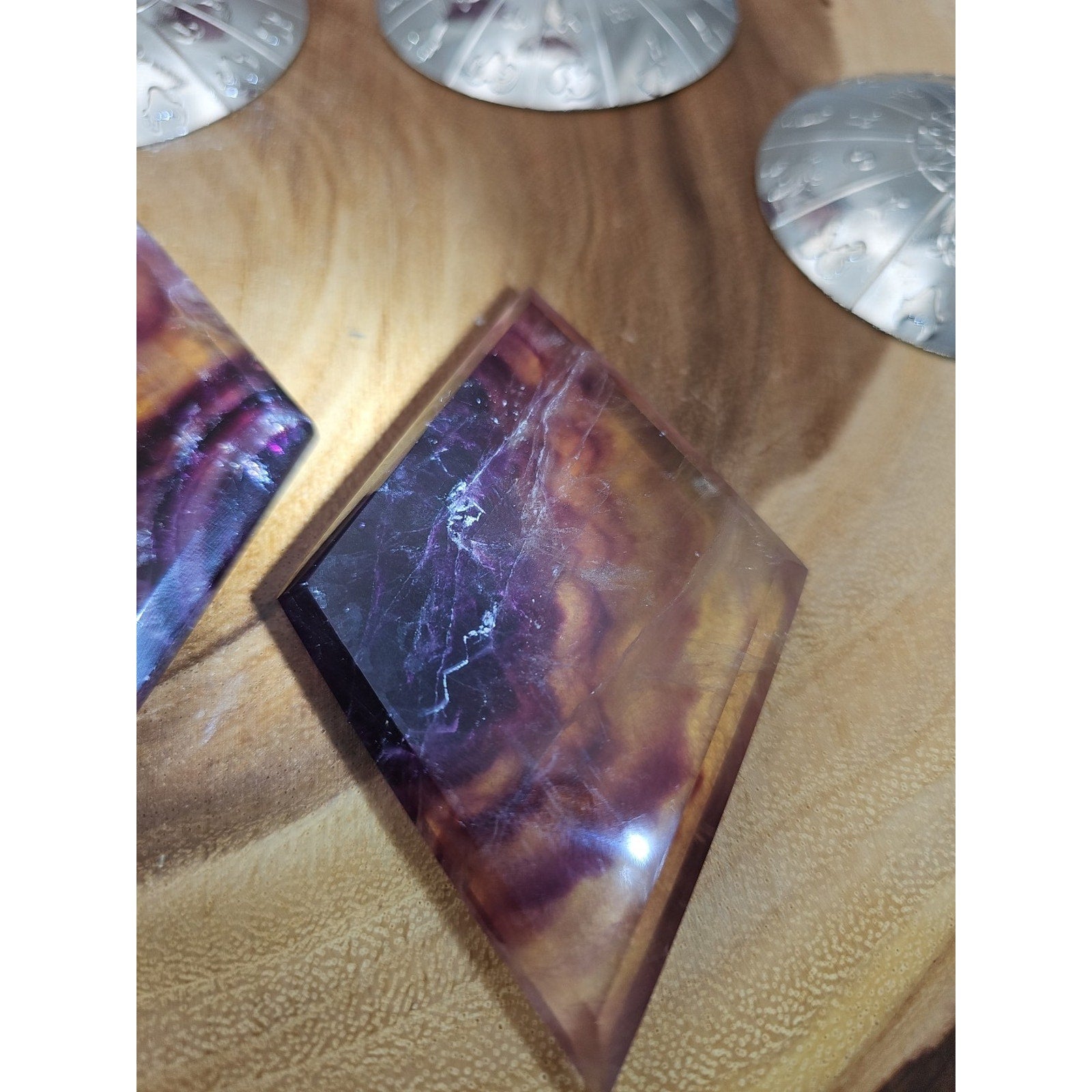 1 Each Natural Rainbow Fluorite Diamond W/ Zodiac stand