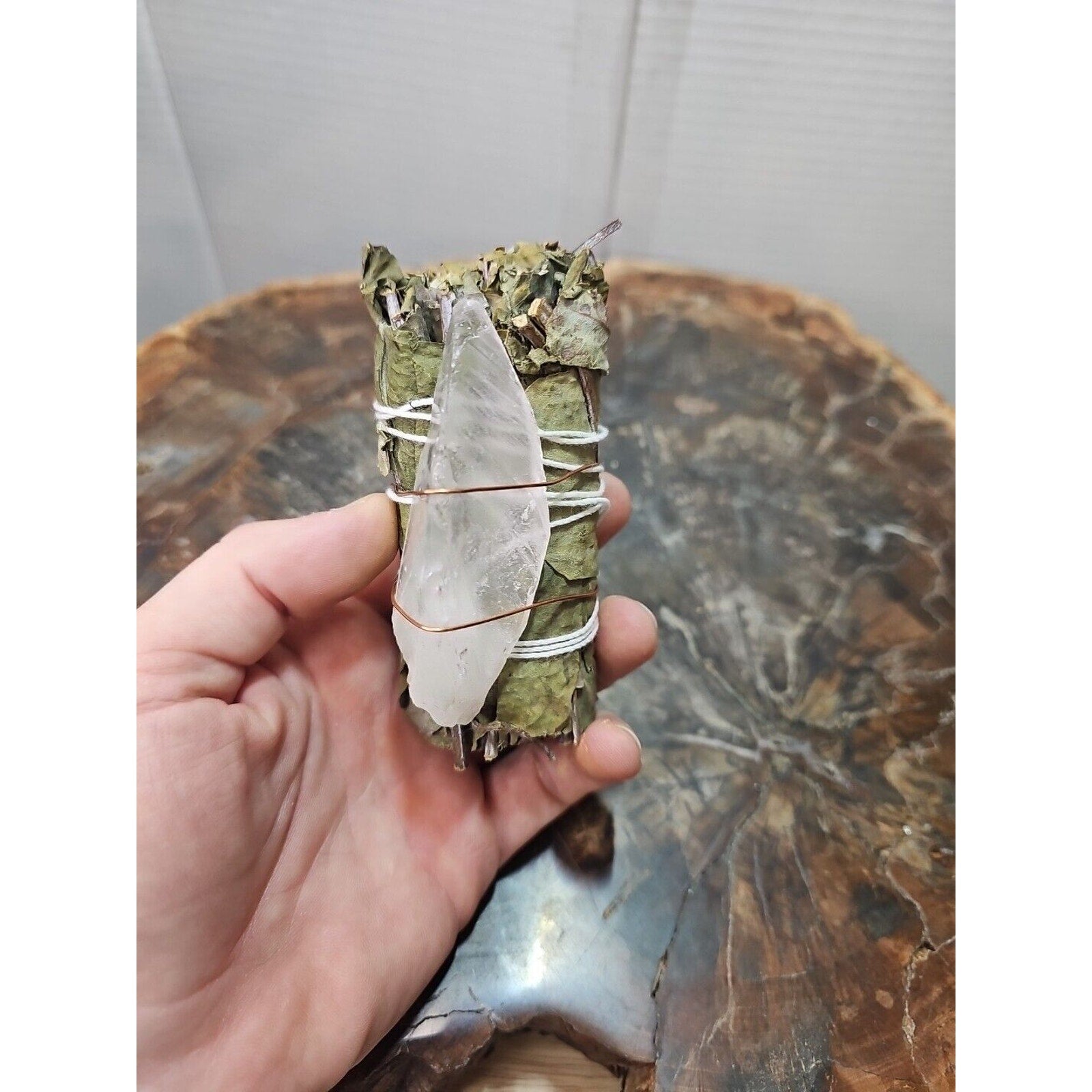 Bay Leaf wrapped crystal W/ Huge White Quartz Healing