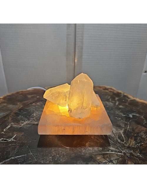 Load image into Gallery viewer, 1.24lb Satin spar recharging plate W/ 3pcs Huge Quartz Crystals &amp; Led Light
