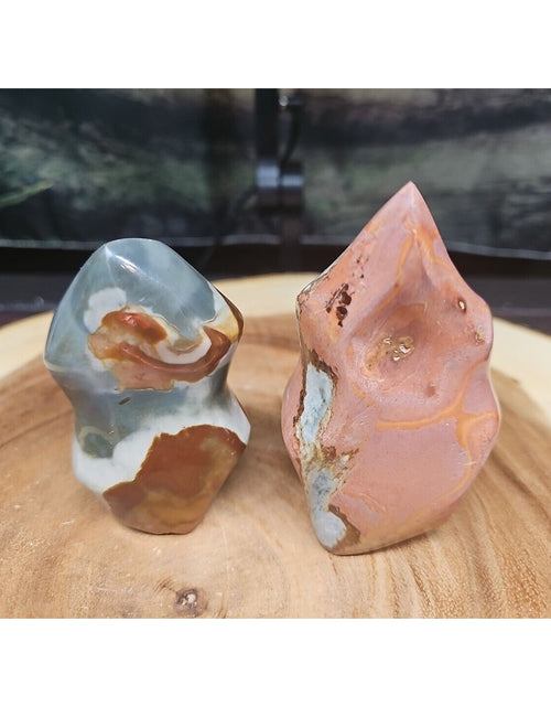 Load image into Gallery viewer, 1.40LB 2Pcs Natural Polychrome Ocean Jasper Crystal Flame Point Carved Healing
