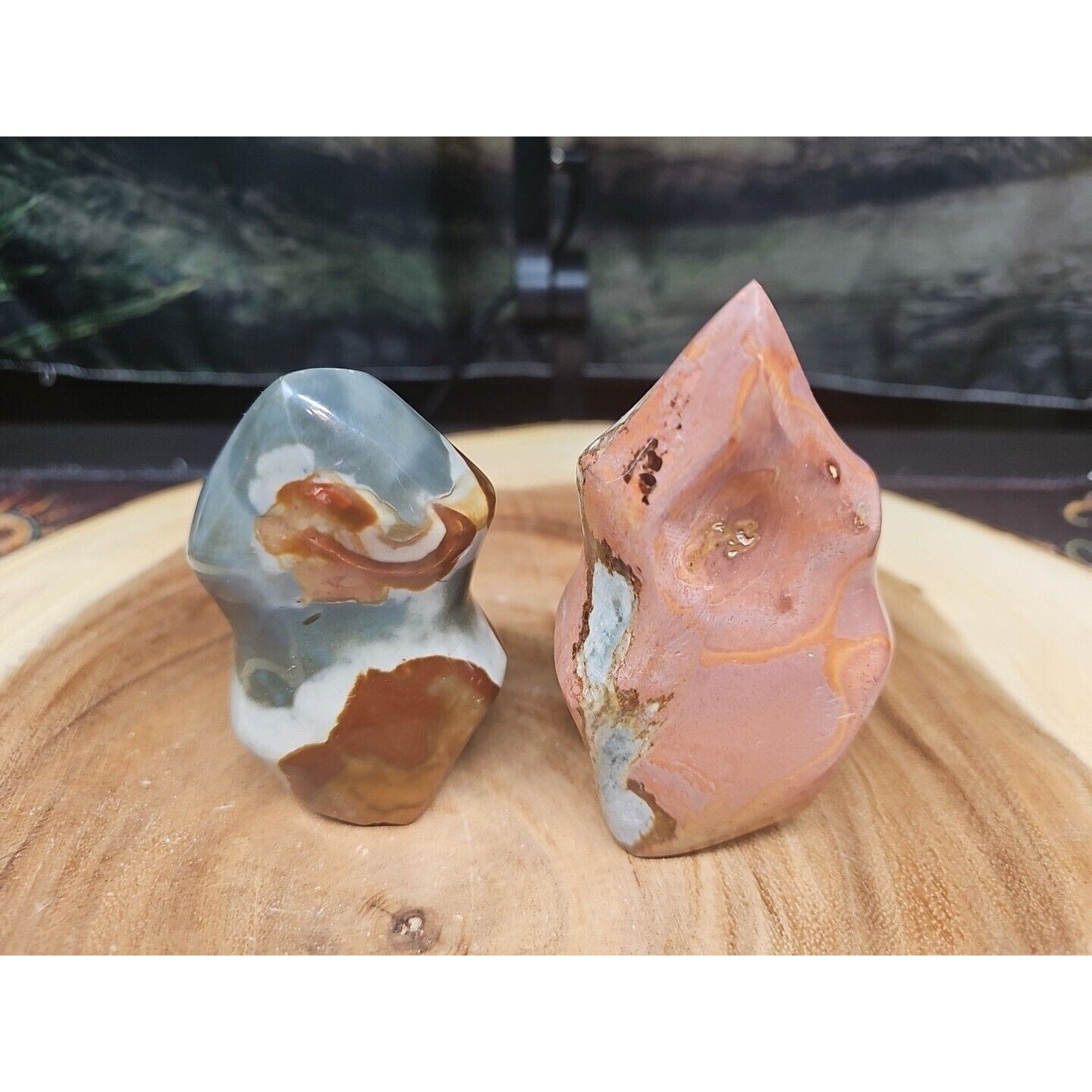 1.40LB 2Pcs Natural Polychrome Ocean Jasper Crystal Flame Point Carved Healing