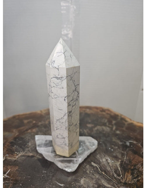 Load image into Gallery viewer, 1 Natural White Howlite Crystal Tower Obelisk Polished W/Selenite Base
