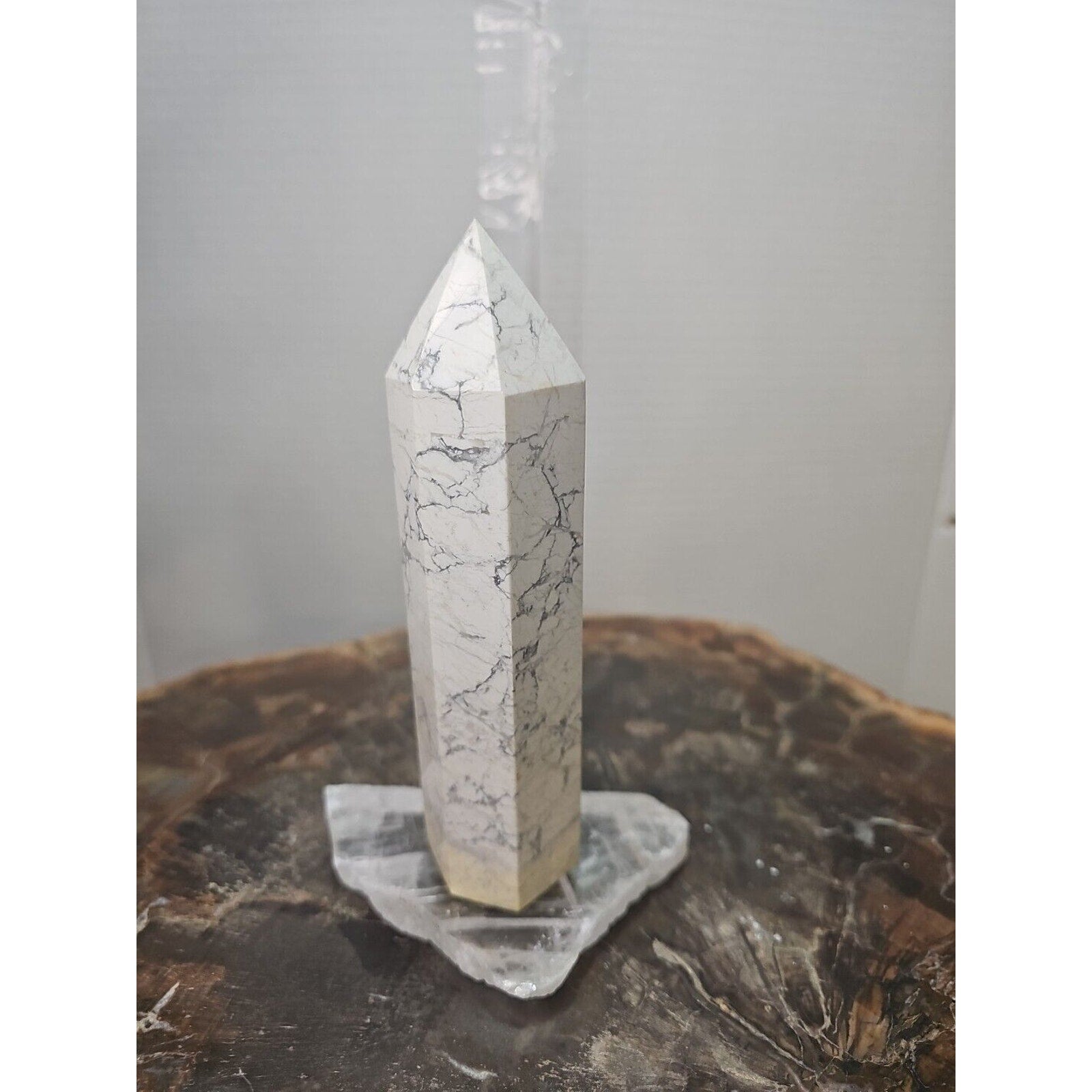 1 Natural White Howlite Crystal Tower Obelisk Polished W/Selenite Base