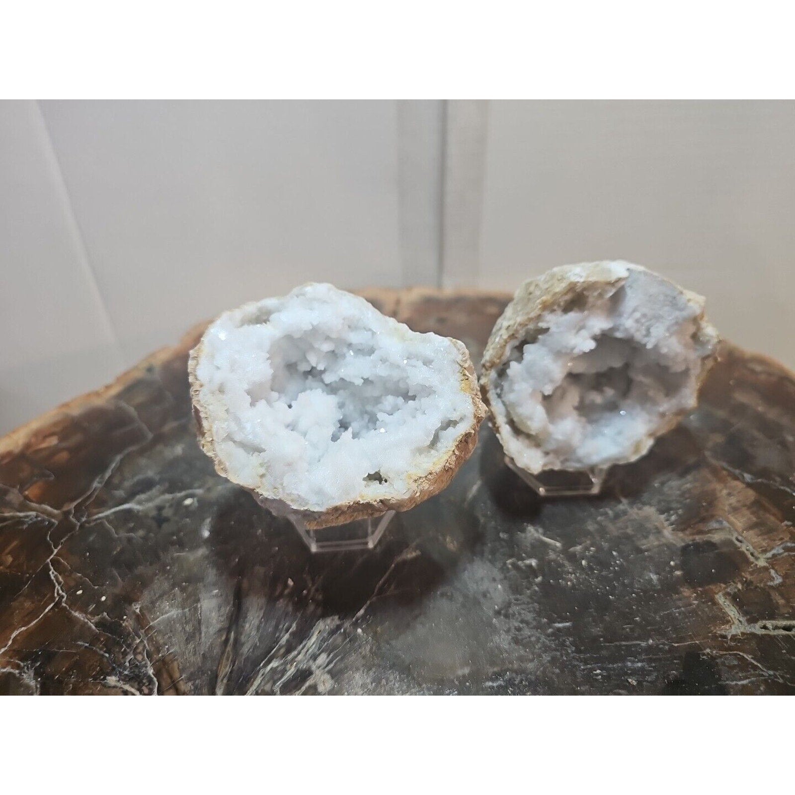 1.18lbs Pair Geode Crystal Moroccan Quartz W /Stands